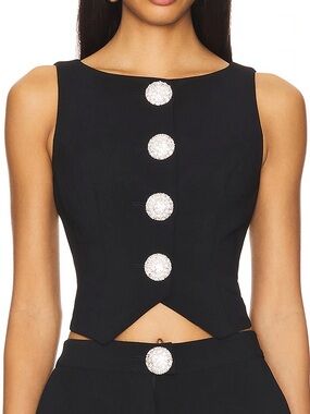 MAJORELLE Black Sleeveless Crop Vest with Crystal-Embellished Buttons